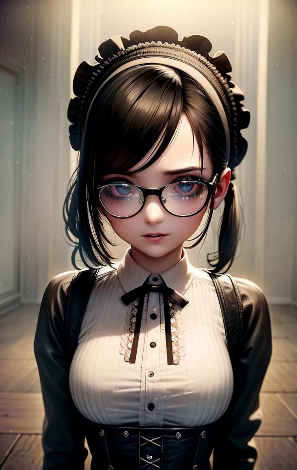 ((realistic)), cinematic shot, movie theater, photo referenced, highest quality, high quality, (detailed face and eyes:1.1), sinny goth girl, victorian clothes, suspenders, ponytail, black lips, glasses, inside an old mansion, subsurface scattering, intricate (high detail), ((cute)), (detailed skin:1.1), shiny skin, photorealism, volumetric lighting,