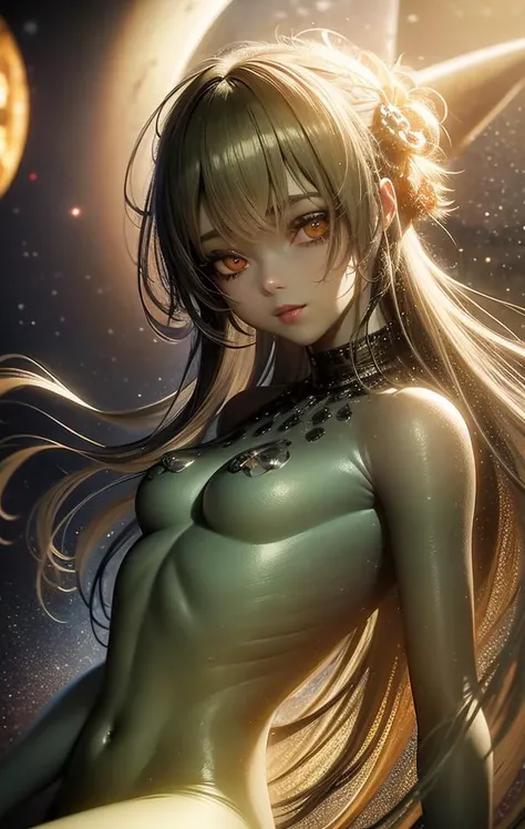 ((by Anders Zorn)), (by Annie Swynnerton), ((realistic)), cinematic shot, theater, photo referenced, highest quality, high quality, (detailed face and eyes:1.1), skinny alien girl, ((green skin)), (grey alien), ((big eyes)), big nose, black sclera, ((in space)), UFO in the background, black jumpsuit, holding a laser gun, black eyes, subsurface scattering, intricate (high detail), ((cute)), (detailed skin:1.1), shiny skin, photorealism, volumetric lighting, golden dust