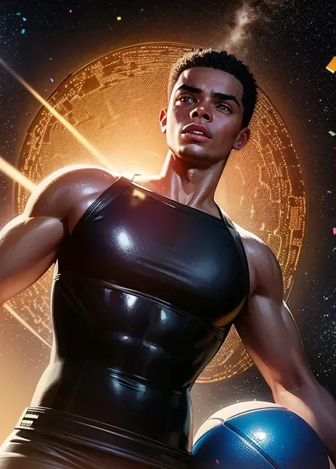 ((realistic)), cinematic shot, theater, photo referenced, highest quality, high quality, (detailed face and eyes:1.1), muscular black man on the moon holding a basketball, jumpsuit, bald, subsurface scattering, intricate (high detail), ((cute)), (detailed skin:1.1), shiny skin, photorealism, volumetric lighting, cosmic ((angels)) in the background, confetti, eyepatch