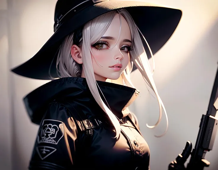 (Masterpiece:1.28), (best quality:1.22), (illustration:1.1), (1girl:1.28), (1boy), (beautiful detailed eyes:1.05), (cinematic light:1.1), silver hair, long messy, dynamic pose, beautiful eyes and detailed face, (cyber mechanical eyes:0.8), finely detailed, dynamic pose, intricate details, (extremely detailed CG unity 8k wallpaper), (best illustration) 8k resolution, intricate details, best quality, realistic, ultra-detailed, best illumination, best shadow, extremely delicate and beautiful, ultra-HD, cryengine, HD octane render, dynamic angle, floating, finely detailed, depth of field, bloom, soft lighting, smooth gradient lighting, glinting stars, sharp focus, official art, pixiv, smooth, high quality metal texture, metallic lusters, highly detailed, dark fantasy, (((cowboy shot:1.5))), very detailed face, white hair, absurdly long hair, asymmetrical bangs, (intricate red eyes), eyelashes, semi-realistic, ((crazy look)), fangs, 1 girl, ((wearing a black suit)), very detailed face, deep eyes, (black shiny hair:1.2), ((bags_under_eyes:1.5)), absurdly long hair, (asymmetrical bangs, forehead), (gray eyes:1.6), eyelashes, ((half-closed eyes)), smile, (1girl + white_hair), (tactical officer), ((glowing eyes)), perfect hands, high quality black and red tactical gear, tactical vest, (urban_tech-wear + black_gloves), (finger_on_trigger:1.2), (assault_rifle + kalashinikov_rifle + ak-47:1.4), (urban_tech-wear + black_gloves), (holding_gun + (trigger_discipline:1.4) + (aiming:1.3)), ((tactical vest + tactical gear)), (survival gear), call of duty, black clothing, tall boots, (long black coat), (((wearing highly detailed torn black robe))), (((holding high quality detailed gun))), clothes flapping with wind, (hood up), ((looking at viewer)), (((high quality detailed ruins))), (glowing white particles), masterpiece sidelighting, (perfect hands), (midnight), from side, ((landscape view)), ((ultra-detailed)), overexposure, illustration, ((horror)), ((dark fantasy horror)), spot color, monotone, red, silent hill, bloodborne, 4k unity, blood, Blood fog, Splashing blood, red streaks, ((dark fantasy)), lovecraftian, complicated background, (limited palette:1.3), High contrast,(best illumination, an extremely delicate and beautiful),((cinematic lighting)), depth of field, neon color, gradation, ((by sui ishida, by Wenjun Lin, by stefan morrell)), Artstation, splash art, dynamic, (nixeu_basic2:0.7)