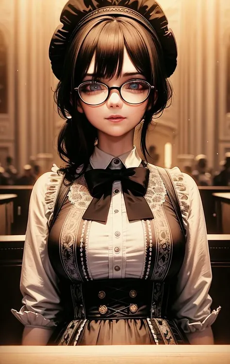 ((realistic)), cinematic shot,  theater, photo referenced, highest quality, high quality, (detailed face and eyes:1.1), sinny goth girl, victorian clothes, suspenders, ponytail, black lips, glasses, inside an old mansion,  subsurface scattering, intricate (high detail), ((cute)), (detailed skin:1.1), shiny skin, photorealism, volumetric lighting,