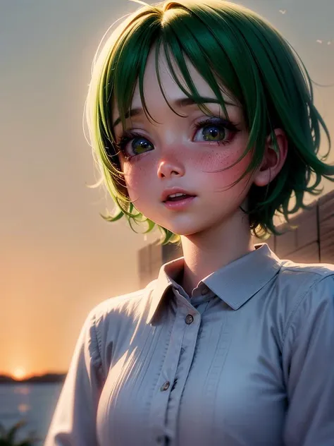 ((realistic)), cinematic shot, movie theater, photo referenced, highest quality, high quality, (detailed face and eyes:1.1), a little pixie flying close to lake, macro lens, bokeh, insect wings, antenae, leave closeup, green hair, red nose, nose blush