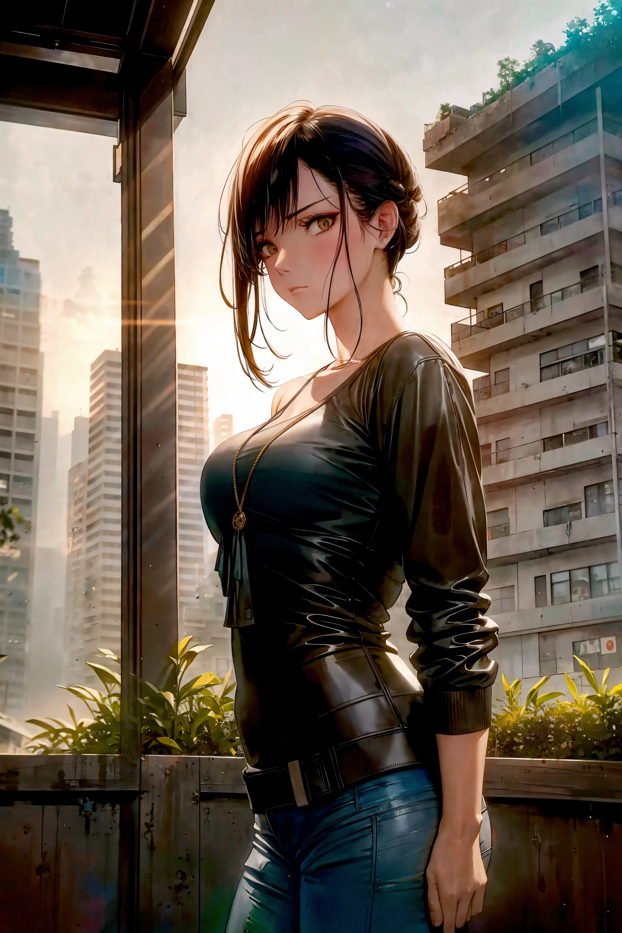 (Beautiful woman:1.2), (casual clothes:1.1), ultra detailed face and eyes, (album art:1.1), slum cyberpunk, frown, (slum old garage:1.1), (artpunk:1.0), unique pose, (trigun:1.1), (masterpiece:1.1), best quality, run-down, ultra high detail, (by antoine blanchard and casey baugh:1.1), (by zdzislaw beksinski:0.8), gold and black, extremely intricate, extreme detail, raytracing, reflections, beautiful lighting, harsh lighting, watercolor, High Saturation Clarity Contrast, deep levels, sharp, retouched, color graded, soft lighting, danger is approaching get down!