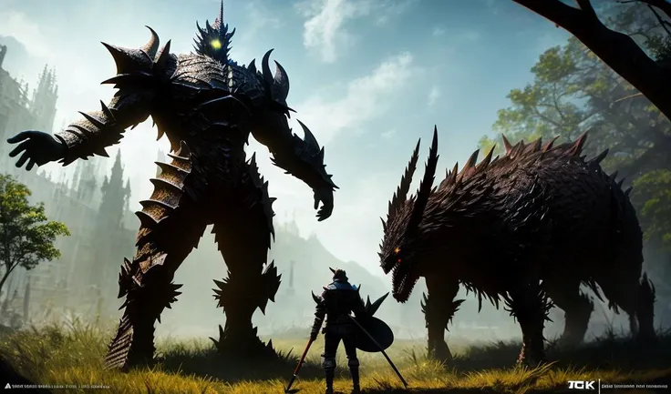 a giant creature facing a small knight , a second giant creature in the backgound holding a giant tree in hand, nightmare style, highly detailed, trending on artstation, 8k, octane render
