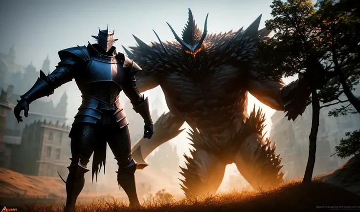 a giant creature facing a small knight , a second giant creature in the backgound holding a giant tree in hand, nightmare style, highly detailed, trending on artstation, 8k, octane render