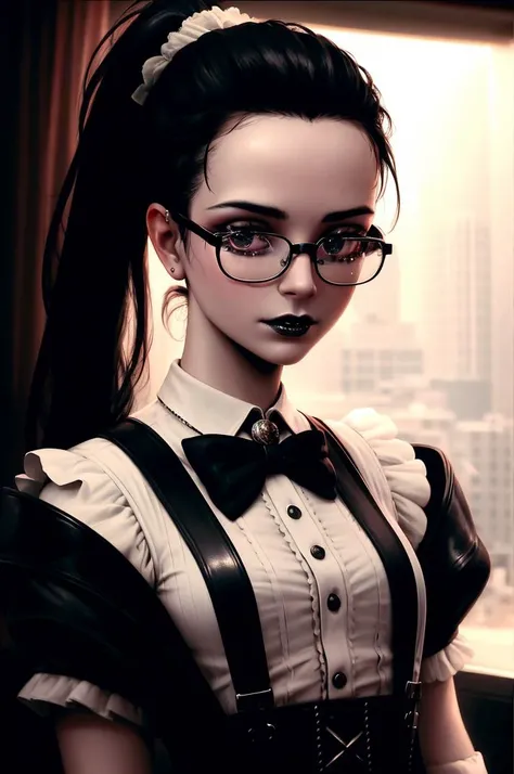 ((realistic)), cinematic shot, theater, photo referenced, highest quality, high quality, (detailed face a'nd eyes:1.1), sinny goth girl, victorian clothes, suspenders, ponytail, black lips, glasses, inside an old mansion, subsurface scattering, intricate (high detail), ((cute)), (detailed skin:1.1), shiny skin, photorealism, volumetric lighting,