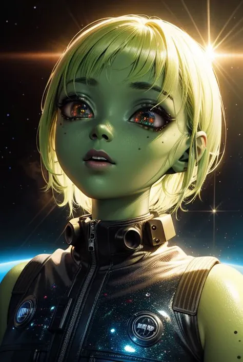 ((realistic)), cinematic shot, movie theater, photo referenced, highest quality, high quality, (detailed face and eyes:1.1), skinny alien girl, ((green skin)), (grey alien), ((big eyes)), big nose, black sclera, ((in space)), UFO in the background, black jumpsuit, holding a laser gun, black eyes, subsurface scattering, intricate (high detail), ((cute)), (detailed skin:1.1), shiny skin, photorealism, volumetric lighting, golden dust