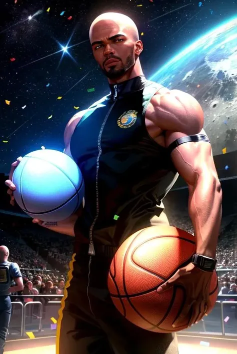 ((realistic)), cinematic shot, theater, photo referenced, highest quality, high quality, (detailed face and eyes:1.1), muscular black man on the moon holding a basketball, jumpsuit, bald, subsurface scattering, intricate (high detail), ((cute)), (detailed skin:1.1), shiny skin, photorealism, volumetric lighting, cosmic ((angels)) in the background, confetti, eyepatch