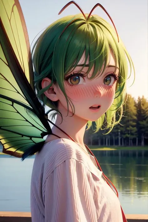 ((realistic)), cinematic shot, theater, photo referenced, highest quality, high quality, (detailed face and eyes:1.1), a little pixie flying close to lake, macro lens, bokeh, insect wings, antennae, leave closeup, green hair, red nose, nose blush