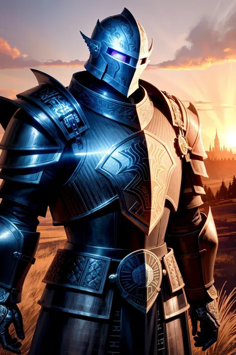 ((realistic)), cinematic shot, theater, photo referenced, highest quality, high quality, (detailed face and eyes:1.1), a huge man knight wearing a heavy black armor, ((intricate helmet)), face mask armor, ((big eyes)), black sclera, in the countryside, black eyes, subsurface scattering, intricate (high detail), ((cute)), (detailed skin:1.1), shiny skin, photorealism, volumetric lighting, magic circles, magic runes in armor, a castle in the background,