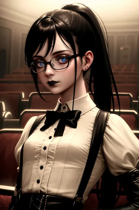 ((realistic)), cinematic shot, movie theater, photo referenced, highest quality, high quality, (detailed face and eyes:1.1), sinny goth girl, victorian clothes, suspenders, ponytail, black lips, glasses, inside an old mansion,  subsurface scattering, intricate (high detail), ((cute)), (detailed skin:1.1), shiny skin, photorealism, volumetric lighting,