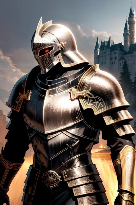 ((realistic)), cinematic shot, theater, photo referenced, highest quality, high quality, (detailed face and eyes:1.1), a huge man knight wearing a heavy black armor, ((intricate helmet)), face mask armor, ((big eyes)), black sclera, in the countryside, black eyes, subsurface scattering, intricate (high detail), ((cute)), (detailed skin:1.1), shiny skin, photorealism, volumetric lighting, magic circles, magic runes in armor, a castle in the background,