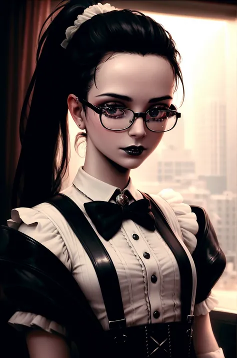 ((realistic)), cinematic shot, movie theater, photo referenced, highest quality, high quality, (detailed face a'nd eyes:1.1), sinny goth girl, victorian clothes, suspenders, ponytail, black lips, glasses, inside an old mansion, subsurface scattering, intricate (high detail), ((cute)), (detailed skin:1.1), shiny skin, photorealism, volumetric lighting,