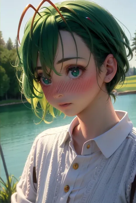 ((realistic)), cinematic shot, movie theater, photo referenced, highest quality, high quality, (detailed face and eyes:1.1), a little pixie flying close to lake, macro lens, bokeh, insect wings, antennae, leave closeup, green hair, red nose, nose blush