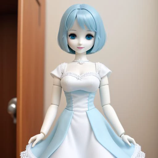 anime, woman, solo, short hair, aqua eyes, blue eyes, smiling, white dress, doll, joints, doll joints, bjd, photograph, seams, lines, <lora:dd:.1> dd, arm seams