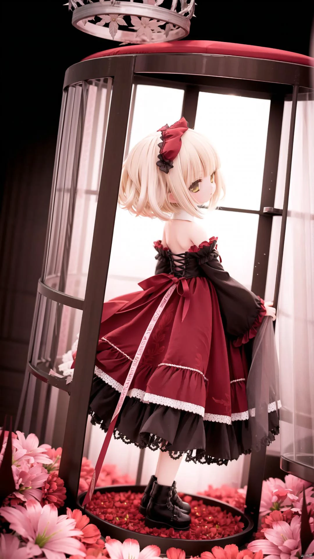 1girl, short hair, blonde hair, red gothic clothes, red flowers, yellow flowers, thistles, thorns, forest, (gloomy, no light), (in cage), big red bowknot, (full body, wide shot, panorama), mfotou, backlight,<lora:EMS-151900-EMS:0.000000>,<lora:EMS-70958-EMS:0.000000>,<lora:EMS-67170-EMS:0.000000>,<lora:EMS-253410-EMS:0.000000>,<lora:EMS-89019-EMS:0.000000>,<lora:EMS-261122-EMS:0.600000>