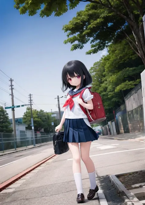 1girl,short black hair,red eyes,looking at viewer,half body,holding a school bag,wearing a seifuku,under the clear day sky,high resolution illustration,
(best quality:1.2),