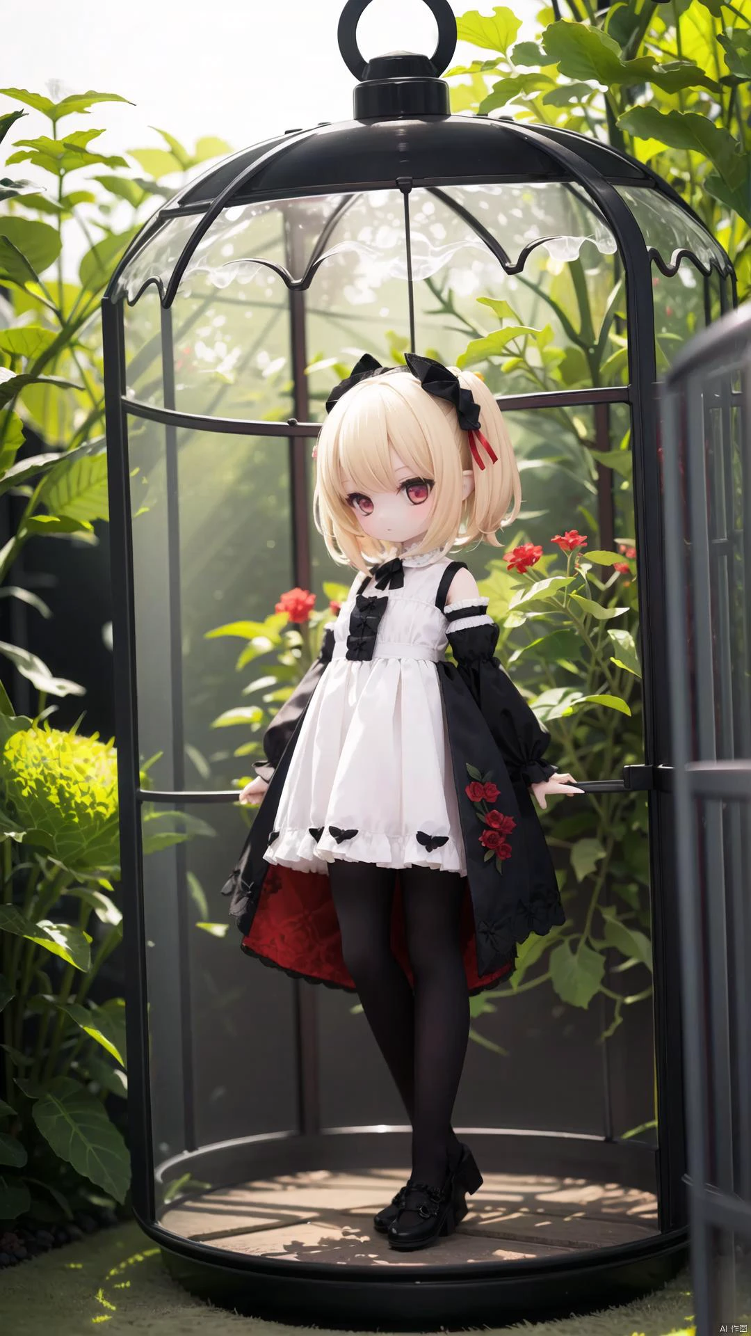 1girl, short hair, blonde hair, red gothic clothes, red flowers, yellow flowers, thistles, thorns, forest, (gloomy, no light), (in cage), big red bowknot, (full body, wide shot, panorama), mfotou, backlight,<lora:EMS-67170-EMS:0.000000>,<lora:EMS-253410-EMS:0.000000>,<lora:EMS-89019-EMS:0.000000>,<lora:EMS-88162-EMS:0.000000>,<lora:EMS-151900-EMS:0.000000>,<lora:EMS-70958-EMS:0.000000>