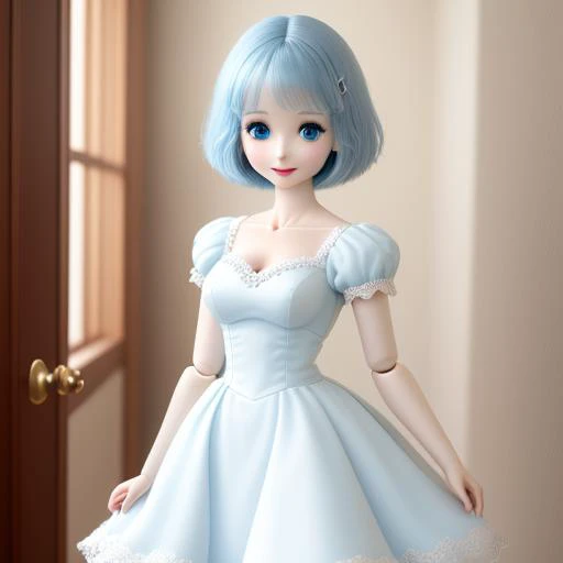 anime, woman, solo, short hair, aqua eyes, blue eyes, smiling, white dress, doll, joints, doll joints, bjd, photograph, seams, lines <lora:dd:.1> dd