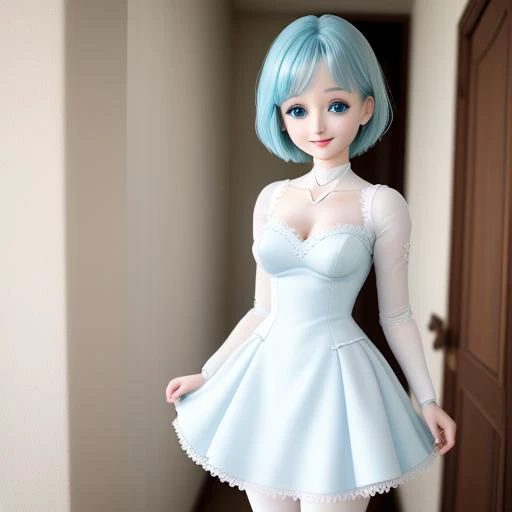 anime, woman, solo, short hair, aqua eyes, blue eyes, smiling, white dress, doll, joints, doll joints, bjd, photograph, seams, lines <lora:dd:.1> dd