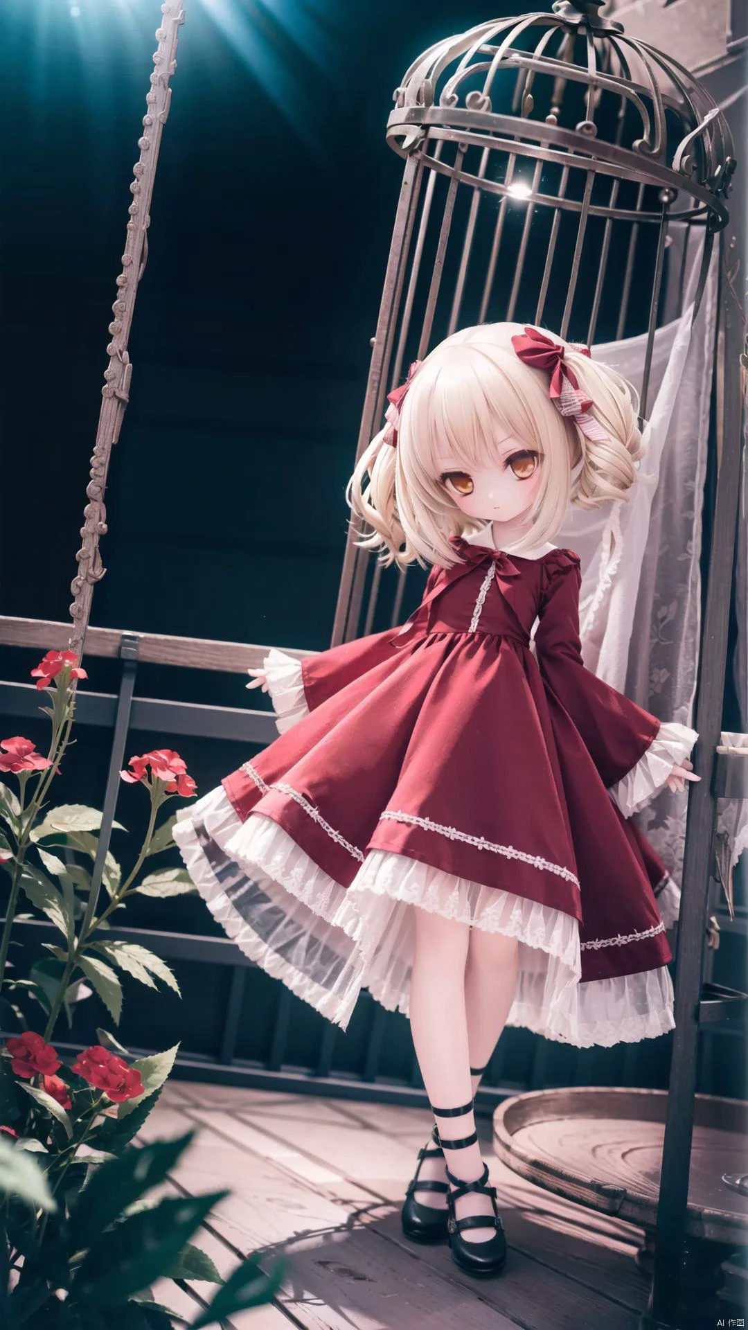 1girl, short hair, blonde hair, red gothic clothes, red flowers, yellow flowers, thistles, thorns, forest, (gloomy, no light), (in cage), big red bowknot, (full body, wide shot, panorama), mfotou, backlight,<lora:EMS-151900-EMS:0.000000>,<lora:EMS-70958-EMS:0.000000>,<lora:EMS-67170-EMS:0.000000>,<lora:EMS-253410-EMS:0.000000>,<lora:EMS-89019-EMS:0.000000>,<lora:EMS-261122-EMS:0.600000>