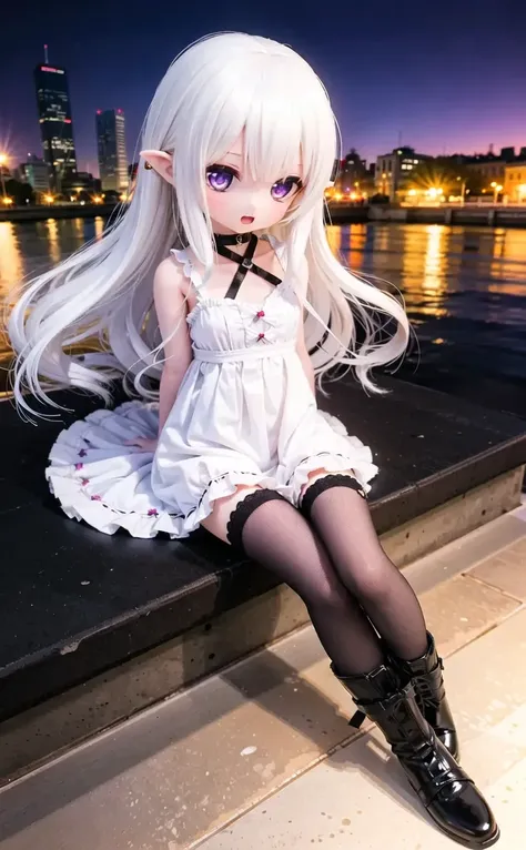 (cowboy shot,very long hair:1),acfd4dd522MI,1girl,solo,boots,sitting,white_hair,night,purple_eyes,city,dress,cityscape,black_thighhighs,city_lights,dutch_angle,tail,black_footwear,building,gloves,