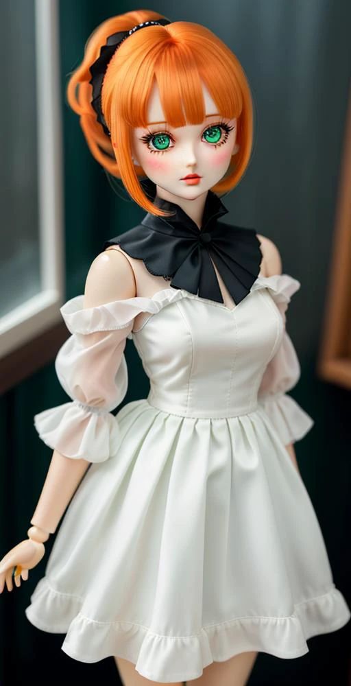 (cowboy shot,short hair,4349:1)
1girl, solo, chibi, ponytail, short_hair, green_eyes, looking_at_viewer, white_dress, full_body, hair_ornament, blush, orange_hair, bangs, single_side_ponytail, side_ponytail, doll_joints, Ball_jointed_doll, bjd, photorealistic, shawl, joint seams, joint_seams, glass eyes, shiny eyes, big head, long eyelashes
 <lora:ddV2:.5>