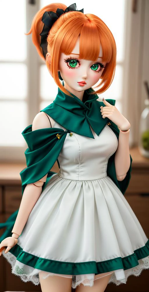 (cowboy shot,short hair,4349:1)
1girl, solo, chibi, ponytail, short_hair, green_eyes, looking_at_viewer, white_dress, full_body, hair_ornament, blush, orange_hair, bangs, single_side_ponytail, side_ponytail, doll_joints, Ball_jointed_doll, bjd, photorealistic, shawl, joint seams, joint_seams, glass eyes, shiny eyes, big head, long eyelashes
<lora:ddV2:.5>