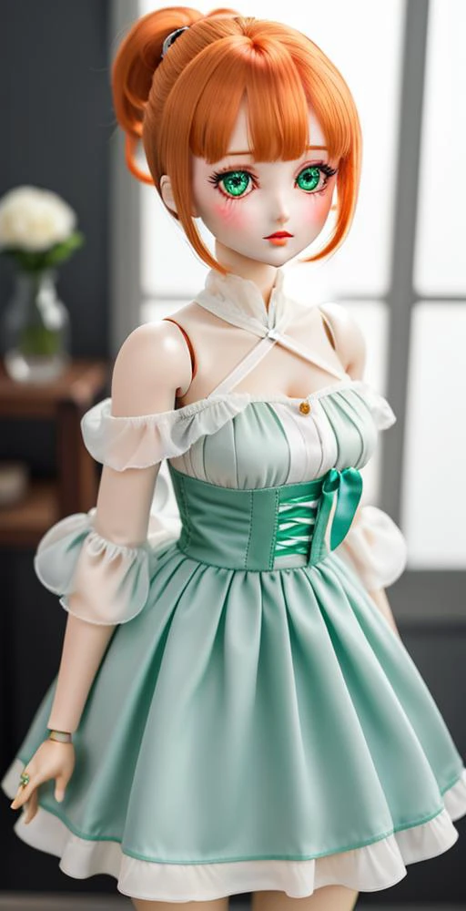 (cowboy shot,short hair,4349:1)
1girl, solo, chibi, ponytail, short_hair, green_eyes, looking_at_viewer, white_dress, full_body, hair_ornament, blush, orange_hair, bangs, single_side_ponytail, side_ponytail, doll_joints, Ball_jointed_doll, bjd, photorealistic, shawl, joint seams, joint_seams, glass eyes, shiny eyes, big head,
<lora:ddV2:.5>