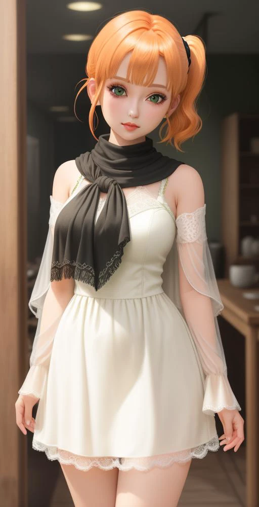 (cowboy shot,short hair,4349:1)
1girl, solo, chibi, ponytail, short_hair, green_eyes, looking_at_viewer, white_dress, full_body, hair_ornament, blush, orange_hair, bangs, single_side_ponytail, side_ponytail, doll_joints, Ball_jointed_doll, bjd, photorealistic, shawl