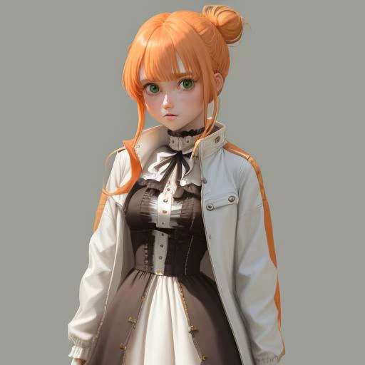 (cowboy shot,very long hair,4349:1)
1girl,solo,chibi,hair_bun,short_hair,jacket,green_eyes,looking_at_viewer,single_hair_bun,dress,full_body,white_jacket,hair_ornament,blush,orange_hair,bangs,single_side_bun,hair_between_eyes, doll_joints, Ball_jointed_dall, doll