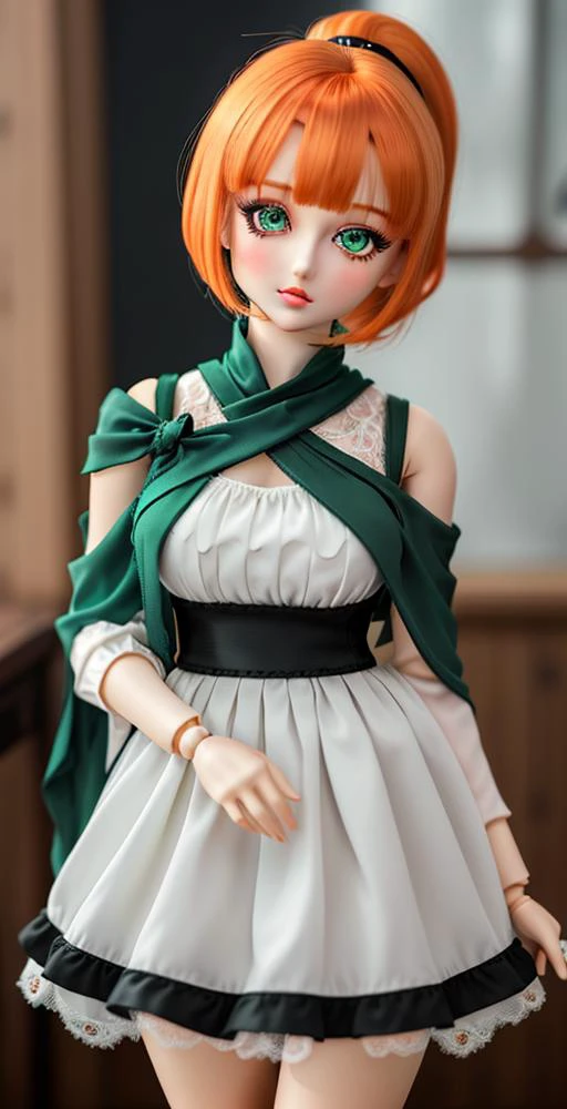 (cowboy shot,short hair,4349:1)
1girl, solo, chibi, ponytail, short_hair, green_eyes, looking_at_viewer, white_dress, full_body, hair_ornament, blush, orange_hair, bangs, single_side_ponytail, side_ponytail, doll_joints, Ball_jointed_doll, bjd, photorealistic, shawl, joint seams, joint_seams, glass eyes, shiny eyes, big head, long eyelashes
<lora:ddV2:.5>