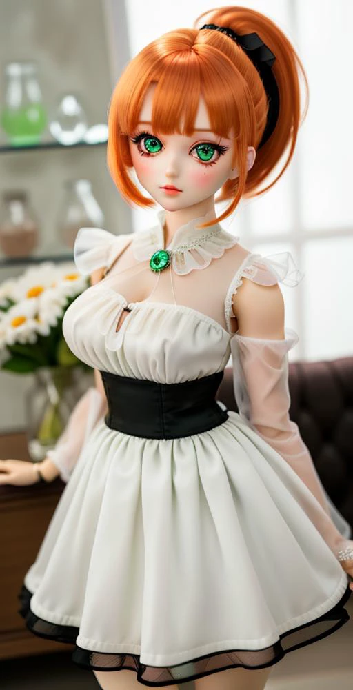 (cowboy shot,short hair,4349:1)
1girl, solo, chibi, ponytail, short_hair, green_eyes, looking_at_viewer, white_dress, full_body, hair_ornament, blush, orange_hair, bangs, single_side_ponytail, side_ponytail, doll_joints, Ball_jointed_doll, bjd, photorealistic, shawl, joint seams, joint_seams, glass eyes, shiny eyes, big head, long eyelashes
<lora:ddV2:.5>