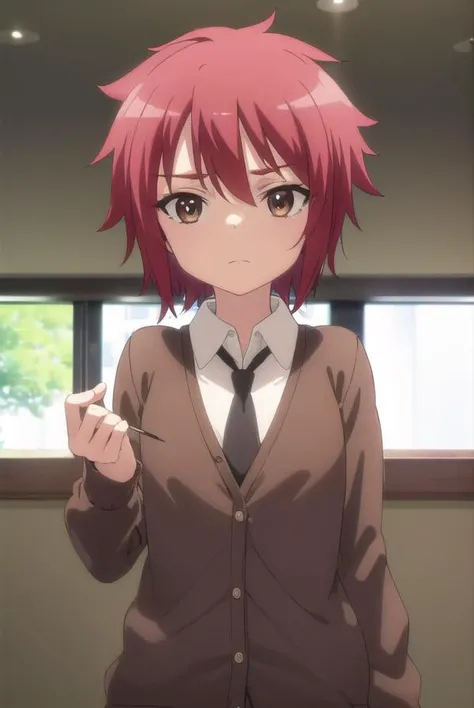 aoiyusa, <lora:aoi yusa s2-lora-nochekaiser:1>,
aoi yusa, short hair, (brown eyes:1.3), red hair,
BREAK school uniform, necktie, shirt, white shirt, collared shirt, cardigan, brown cardigan,
BREAK indoors, classroom,
BREAK looking at viewer, (cowboy shot:1.5),
BREAK <lyco:GoodHands-beta2:1>, (masterpiece:1.2), best quality, high resolution, unity 8k wallpaper, (illustration:0.8), (beautiful detailed eyes:1.6), extremely detailed face, perfect lighting, extremely detailed CG, (perfect hands, perfect anatomy),
