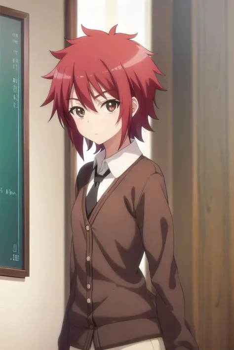 aoiyusa, <lora:aoi yusa s2-lora-nochekaiser:1>,
aoi yusa, short hair, (brown eyes:1.3), red hair,
BREAK school uniform, necktie, shirt, white shirt, collared shirt, cardigan, brown cardigan,
BREAK indoors, classroom,
BREAK looking at viewer, (cowboy shot:1.5),
BREAK <lyco:GoodHands-beta2:1>, (masterpiece:1.2), best quality, high resolution, unity 8k wallpaper, (illustration:0.8), (beautiful detailed eyes:1.6), extremely detailed face, perfect lighting, extremely detailed CG, (perfect hands, perfect anatomy),