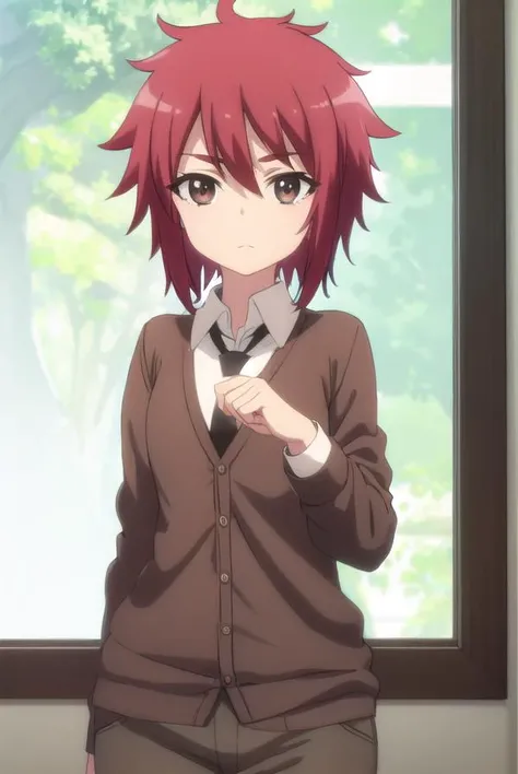 aoiyusa, <lora:aoi yusa s2-lora-nochekaiser:1>,
aoi yusa, short hair, (brown eyes:1.3), red hair,
BREAK school uniform, necktie, shirt, white shirt, collared shirt, cardigan, brown cardigan,
BREAK indoors, classroom,
BREAK looking at viewer, (cowboy shot:1.5),
BREAK <lyco:GoodHands-beta2:1>, (masterpiece:1.2), best quality, high resolution, unity 8k wallpaper, (illustration:0.8), (beautiful detailed eyes:1.6), extremely detailed face, perfect lighting, extremely detailed CG, (perfect hands, perfect anatomy),