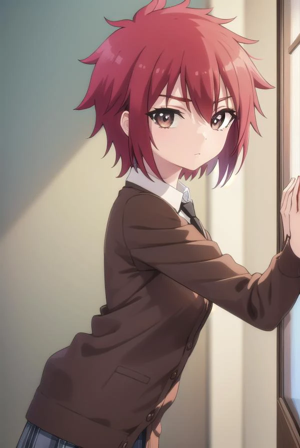 aoiyusa, <lora:aoi yusa s2-lora-nochekaiser:1>,
aoi yusa, short hair, (brown eyes:1.3), red hair,
BREAK school uniform, necktie, shirt, white shirt, collared shirt, cardigan, brown cardigan,
BREAK indoors, classroom,
BREAK looking at viewer, (cowboy shot:1.5),
BREAK <lyco:GoodHands-beta2:1>, (masterpiece:1.2), best quality, high resolution, unity 8k wallpaper, (illustration:0.8), (beautiful detailed eyes:1.6), extremely detailed face, perfect lighting, extremely detailed CG, (perfect hands, perfect anatomy),