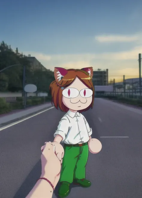 1girls, full body, :3, cat ears, chibi, cat girl, cat tail, solo, slit pupils, ultra detailed, highres, masterpiece, bf_holding_hands, <lora:bf_style:1>, holding hands, Peter griffin, green pants, white shirt, short hair, glasses, brown footwear,