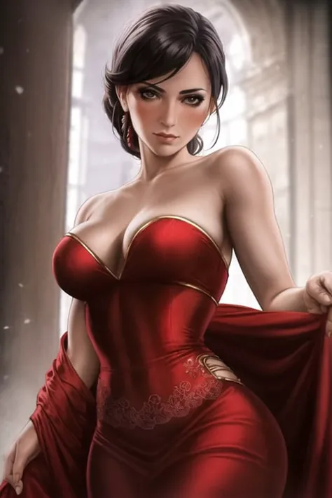 portrait of a beautiful woman, flamenco, red dress, cowboy_shot, realism <lora:Dandonfuga:0.7>