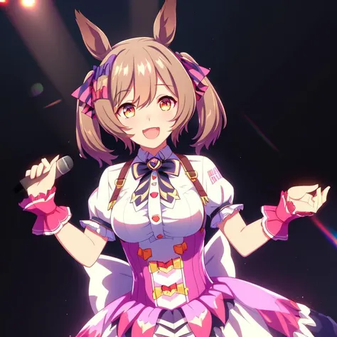 sfal, 1girl, masterpiece,consert hall,(colorful lighting:1,1),frontlighting,((lens flare)),medium hair,suspender skirt,puffy short sleeves,bowtie,wrist cuffs,<lora:falcon02v9:0.7>,upper body,smile,open mouth,woman
