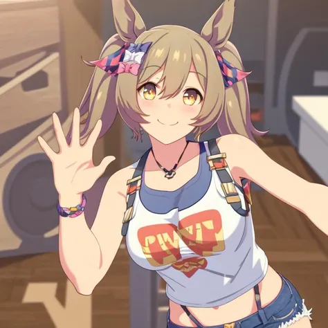 sfal, 1girl,park, best quality,twintails,bob hair,<lora:falcon02v9:0.8>,tank top,jeans,shorts,smile