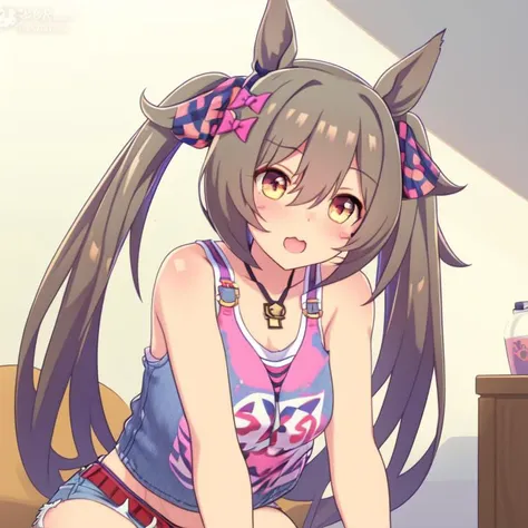 sfal,1girl,best quality, <lora:falcon02v9:0.8>,tanktop,jeans,shorts,twintails,bob hair,woman,indoors