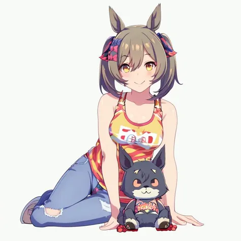 sfal, 1girl, best quality,twintails,((bob hair)),<lora:falcon02v9:0.8>,tank top,jeans,shorts,smile