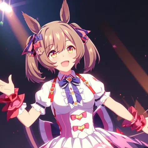 sfal, 1girl, masterpiece,consert hall,(colorful lighting:1,1),frontlighting,((lens flare)),medium hair,suspender skirt,puffy short sleeves,bowtie,wrist cuffs,smile,open mouth,<lora:falcon02v9:0.8>,looking up,upper body