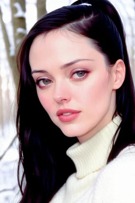 (photo of rosemc-2055:0.99), a woman, ((closeup, portrait):1.2), ((outdoors, forest, snow)),(lipstick, eyeliner, eye shadow), (pale skin), slight smile, (ponytail), (turtleneck sweater), ((detailed eyes, detailed face))(masterpiece:1.2)