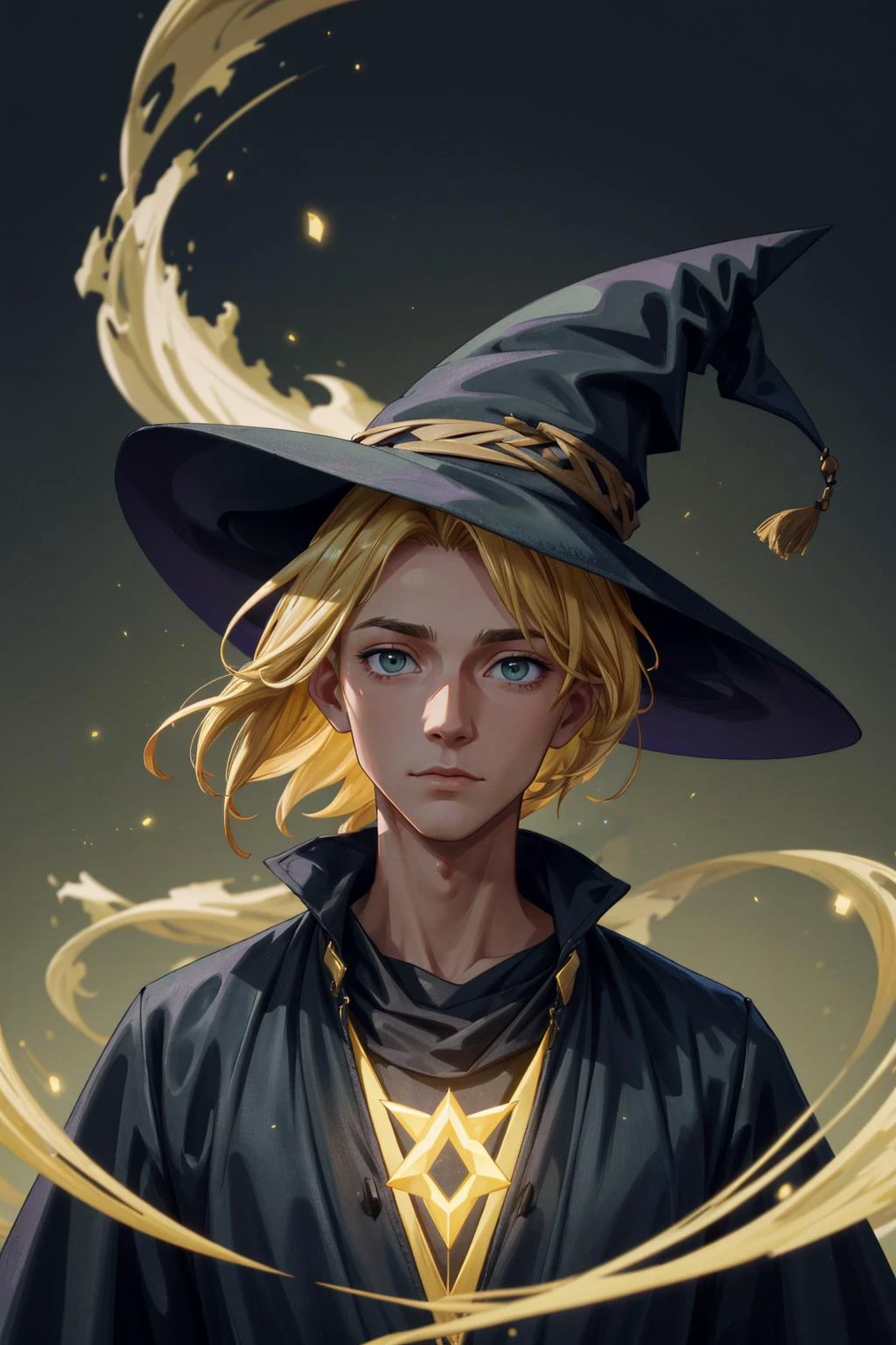 <lora:add_detail:0.75>, <lora:stylesqueeze_v1b:1.0>, <lora:anime3d:0.25>, <lora:sharpen-soften:-0.5>,
(1man, thin adult male:1.2), dark brown eyes, yellow hair, layer cut,
portrait, looking up, solo, half shot, detailed background, witch hat, witch, magical atmosphere, hair flowing in the wind, green trimmed dark colored clothes, colorful glowing elemental weaves in the air, swirling portal, dark magic, floating particles, underground dungeon background, dim light,