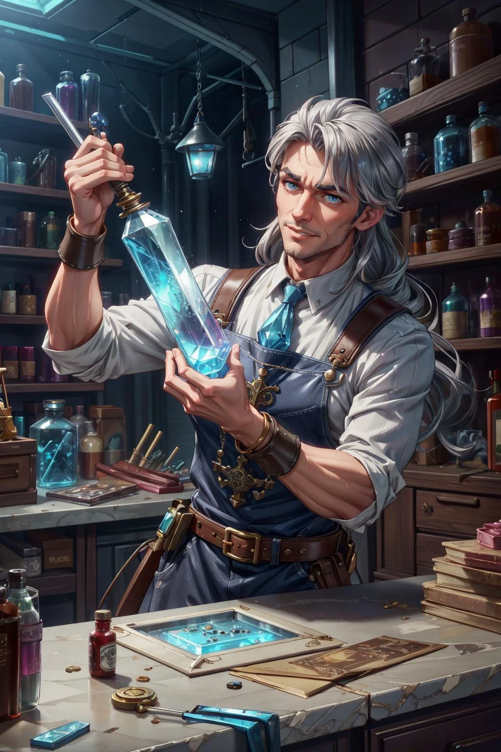 <lora:add_detail:0.75>, <lora:stylesqueeze_v1b:1.0>, <lora:anime3d:0.25>, <lora:sharpen-soften:-0.5>,
(1man, muscular adult male:1.2), aquamarine eyes, silver hair, long hair,
looking up, solo, upper body, detailed background, detailed face, (<lora:PunkBundleAI:0.4>, valvepunkai, retro-futuristic theme:1.1), grin, dynamic pose, store clerk, (black:0.8) leather merchant clothes, apron, belts, (medieval market stall:1.1), (crates:0.8), (boxes:0.8), (storage baskets:0.8), selling wide variety of colorful minerals, gemstones, jewels, rocks, crystals, marble statuettes, stack of shiny glittering coins,