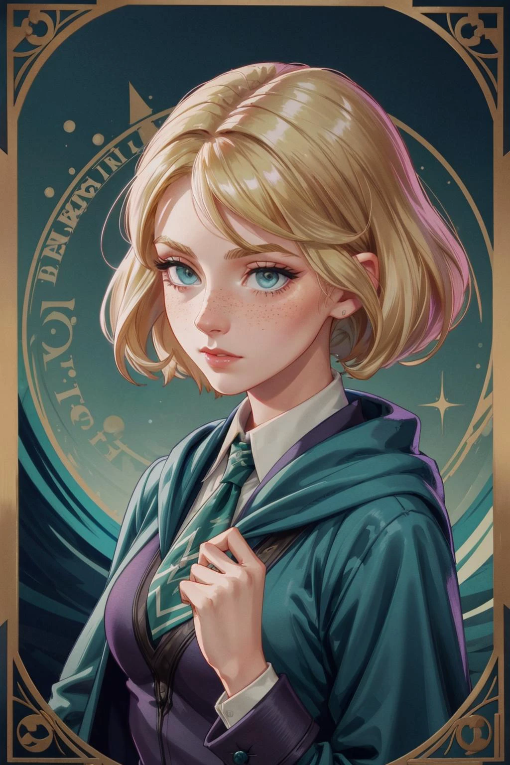 <lora:add_detail:0.75>, <lora:stylesqueeze_v1b:1.0>, <lora:anime3d:0.25>, <lora:sharpen-soften:-0.5>,
1 girl, adult british woman, freckles, teal eyes, medium blonde quiff hair,
(style-swirlmagic:0.8), looking away, solo, half shot, detailed background, detailed face, (1920s art deco theme:1.1), hogwarts student, playful, (slytherin uniform:1.1), necktie, robe, cloak, casting spell, water spell, <lora:waterVFX:0.4>, magical forest in background, backlighting,