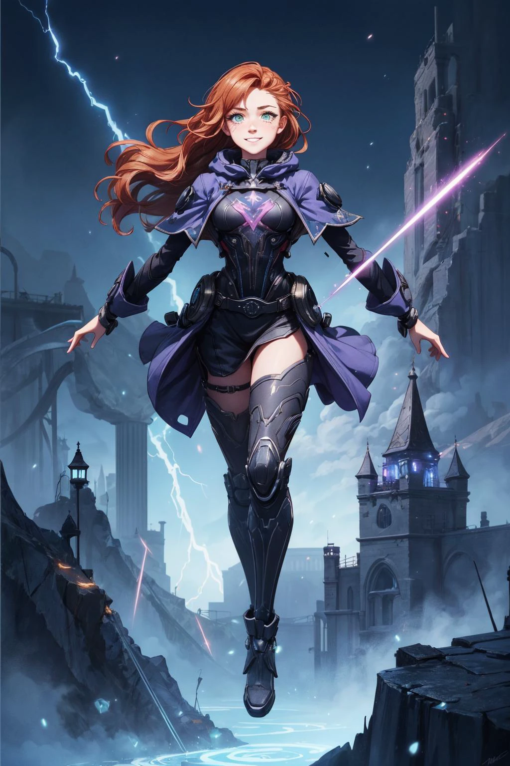 <lora:add_detail:0.75>, <lora:stylesqueeze_v1b:1.0>, <lora:anime3d:0.25>, <lora:sharpen-soften:-0.5>,
<lora:GoodHands-beta2:0.8>,
1 girl, adult woman, freckles, green eyes, ginger wavy hair, ombre,
solo, upper body, looking at viewer, detailed background, detailed face, grinning, tech-wizard, (levitating, hovering in the air:1.1), (full body:1.3), magic, melding of wizardry and engineering, intricate enchanted clothes, gear shaped glyphs, techwear, cloak, gears, casting spell floating particles, electric aura, fantasy structures in background, , lightning, dramatic lighting, cinematic atmosphere,
