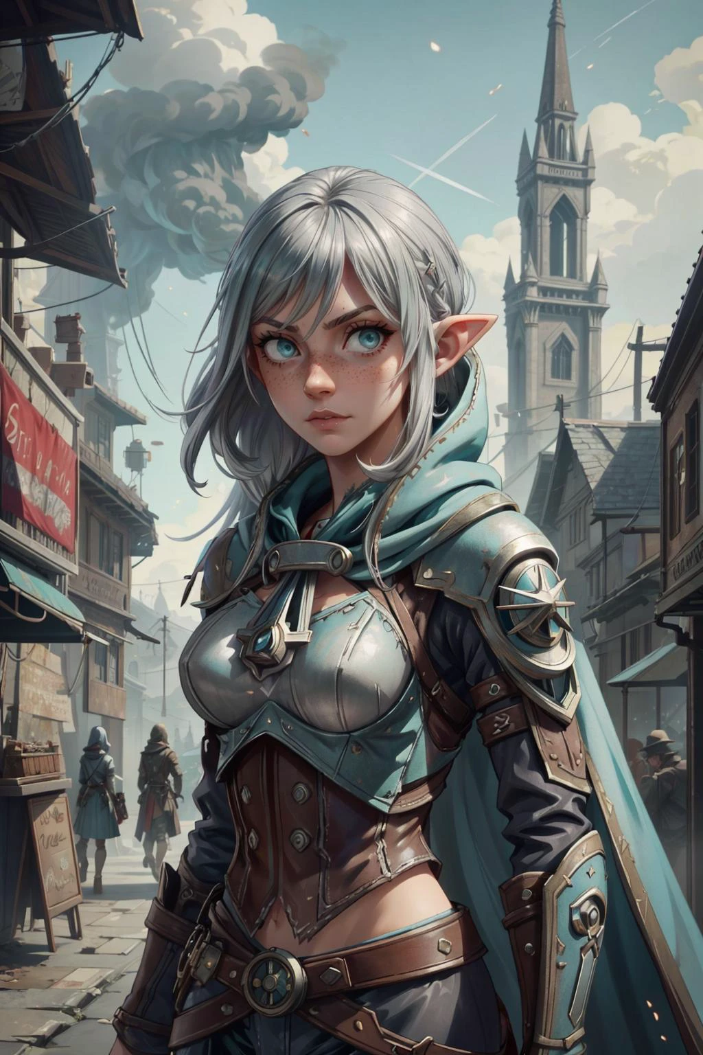 <lora:add_detail:0.75>, <lora:stylesqueeze_v1b:1.0>, <lora:anime3d:0.25>, <lora:sharpen-soften:-0.5>,
1 girl, adult (elven:0.7) woman, freckles, teal eyes, silver twin drills hair,
(bloody scars:0.7), looking down, solo, upper body, detailed background, <lora:SteamPunkBundleV3:0.4>, steampunkai, steampunk theme, assassins creed, master assassin, gray tattered assassin clothes, hood, cape, dynamic pose, fighting, market stalls in background, floating particles, sunshine,